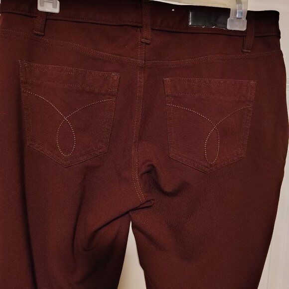 Calvin Klein Burgundy Stretch Skinny Pant Faux Leather Trim + Denim Look SZ 10 - Picture 5 of 6